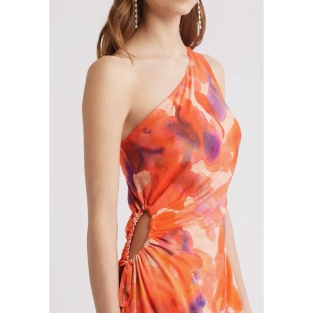Chelsea28 Midi Dress L Large Purple Orange Pink Floral Linen One Shoulder - Picture 5 of 13